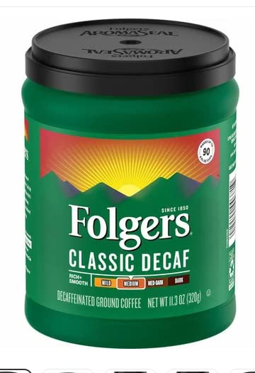 Folgers Decaf Coffee, Ground Coffee, Classic Medium Roast, 9.6 Ounce Canister (Pack of 6)