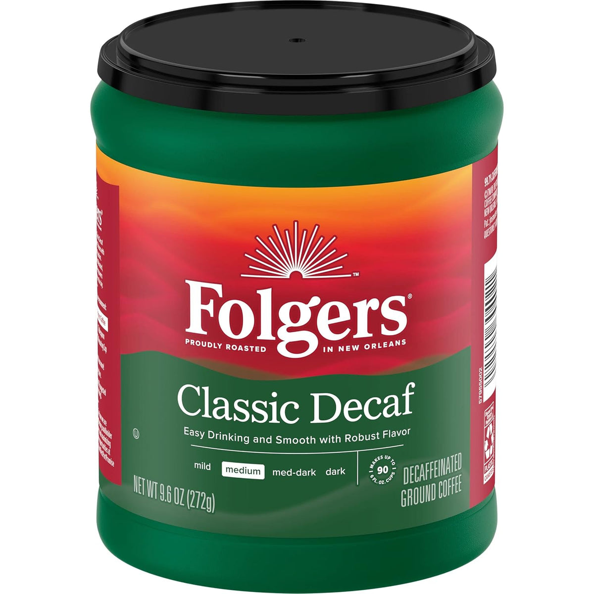 Folgers Decaf Coffee, Ground Coffee, Classic Medium Roast, 9.6 Ounce Canister