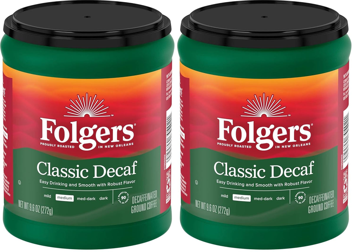 Folgers Decaf Coffee, Ground Coffee, Classic Medium Roast, 9.6 Ounce Canister (Pack of 2)