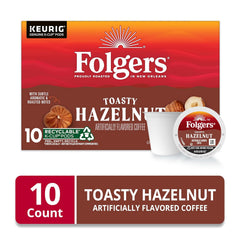 Folgers Toasty Hazelnut Artificially Flavored Coffee, Keurig K-Cup Pods, 10 Count Box